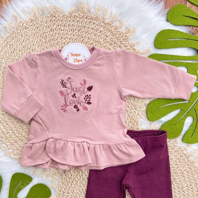 Conj. Casaco de Moletom Just Love e Calça Legging Canelada - Rose e Uva